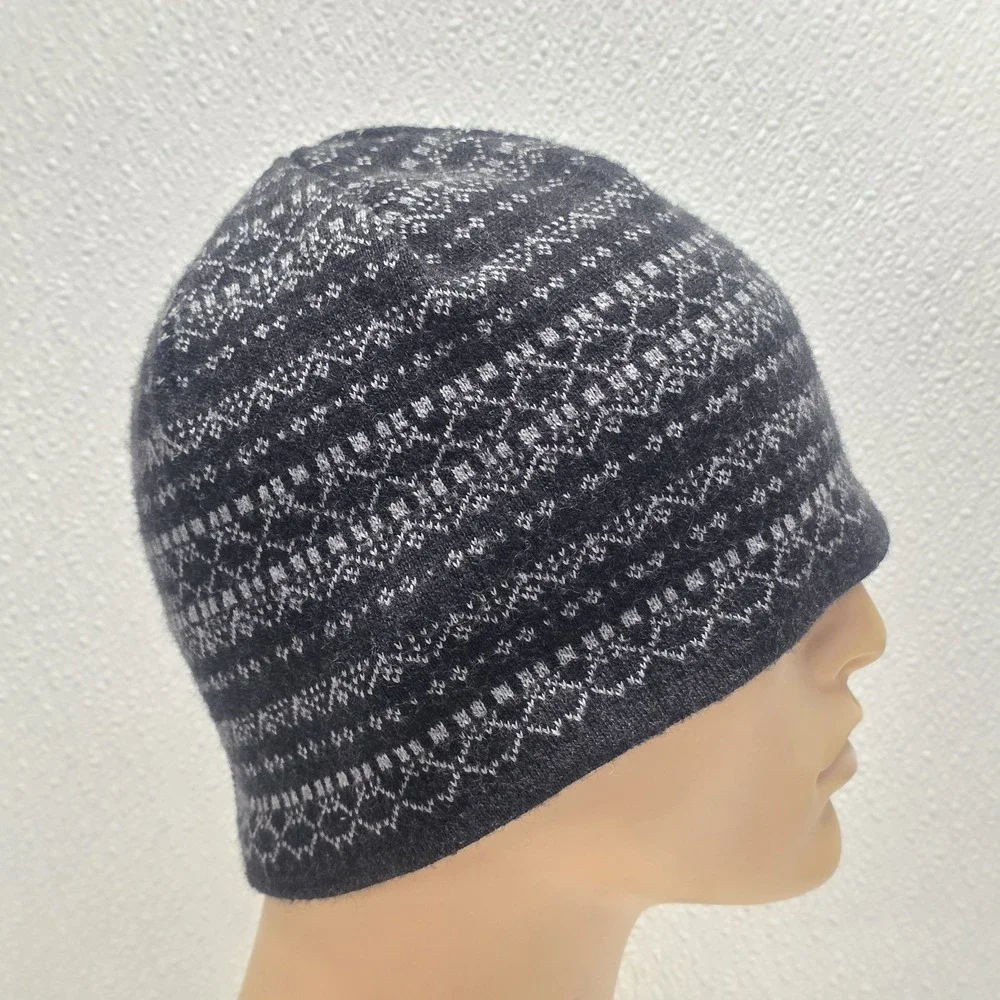 Turtle Fur Merino Wool Fair Isle Beanie Hat Black & Gray - Made in Canada